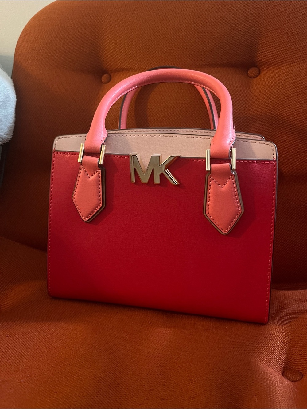 Michael Kors Red and Pink Leather Top-Handle Satchel with Gold MK Logo